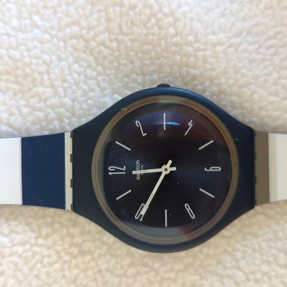 Men's Swatch Watch. Blue white tan stripes.